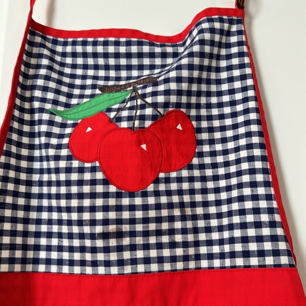 Kitchen Apron Spring Cherry Apron blue plaid with gold ring adjustable neck - Picture 2 of 8